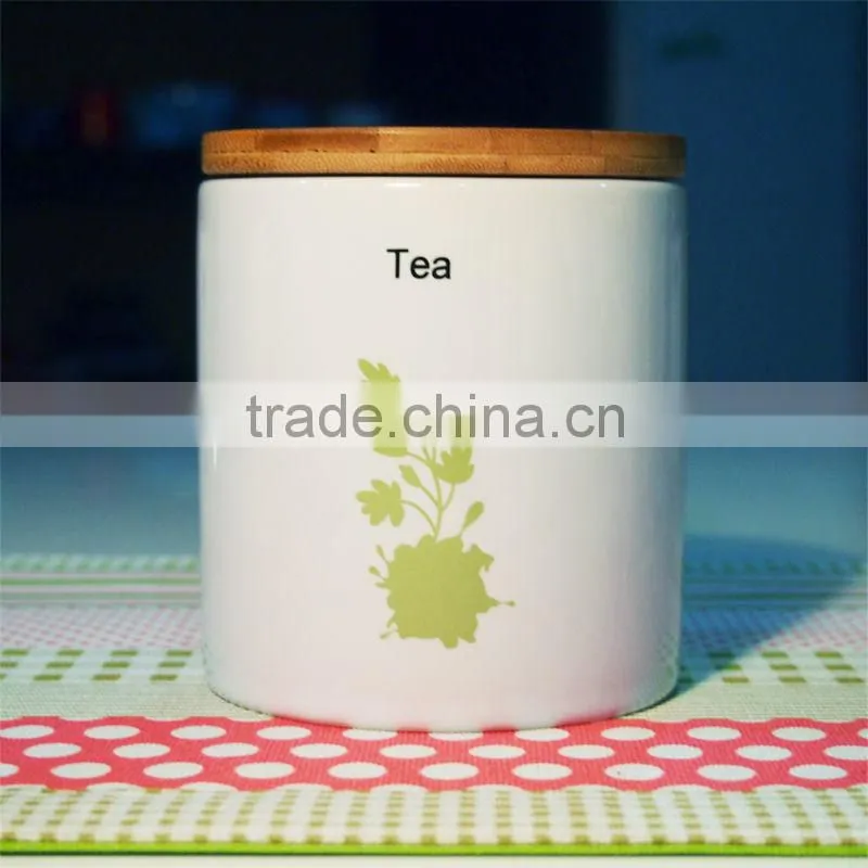 S/3 White Ceramic Canister Set with Bamboo Lid