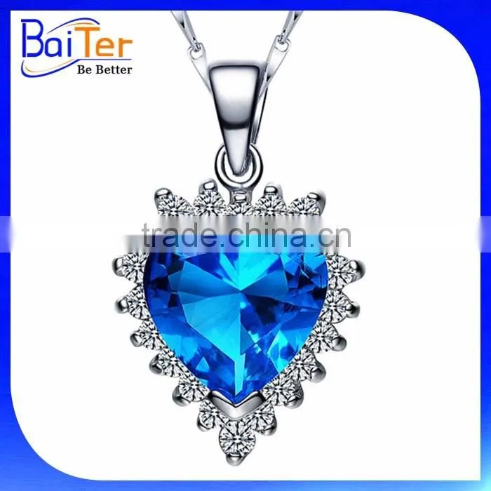 Fashion Rhodium Plated Cubic Zircon CZ 925 Sterling Silver Lab Created Aquamarine Pendant