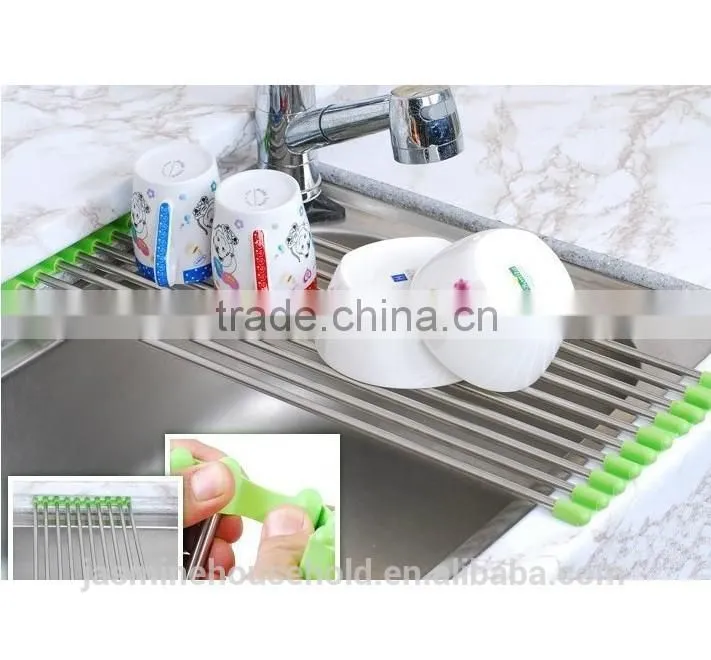 High Quality Over the Sink Multipurpose Roll Up Stainless steel silicone Dish Drying Rack