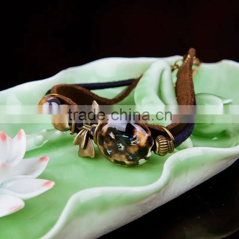 Jingdezhen made handmade leather bracelet ceramic beads bracelet for sales