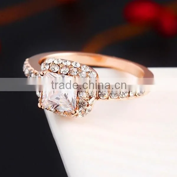 High quality 14k rose gold plated white crystal with big square zircon ladies rings for wedding