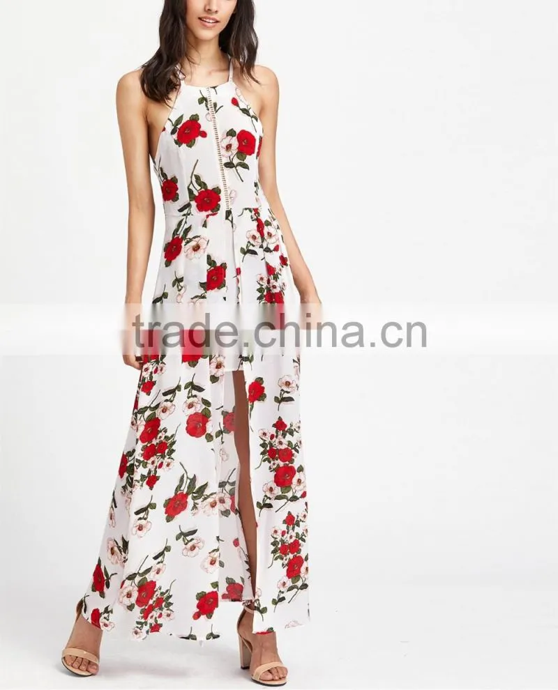 Whosale Clothing OEM Hollow Out Slit Crisscross Back Calico Print Dress