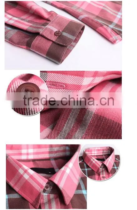 2015 custom women's blue plaid long sleeve 100% cotton flannel shirt