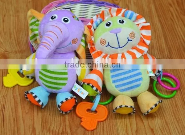 Cute animal small bell insert baby educational plush toys with ring and key