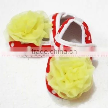 Baby Red White Polka Dots Crib Shoes with Yellow Rosettes