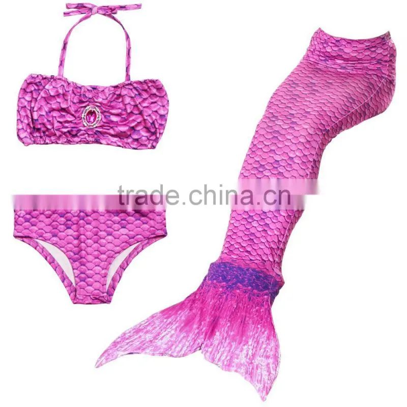 Kids Bikini + Shorts + Mermaid Tail with pink monofin for Swimming