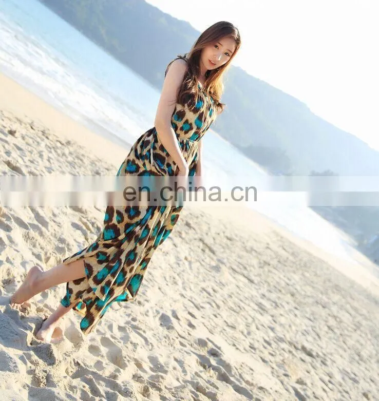 blue leopard sleeveless u neck long dress cotton skirt