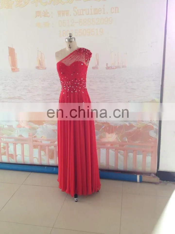 2014 New Arrival Fashion One-Shoulder Chiffon Beads Sparkle Red Long Evening Dresses