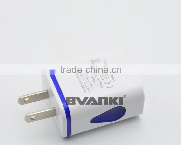 Factory Price Top Quality Portable 5V/2.1A LED light Dual USB Charger Travel USB Wall Charger for iphone/samsung free sample