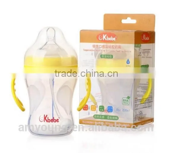 230ml/8oz USA Thermal Sensitive Extra Wide Neck Breathing Silicone Baby Nursing Bottle China Silicone Baby Bottles A-1107