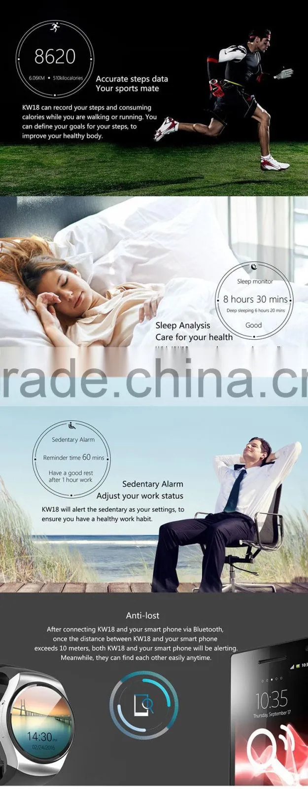 KW18 1.3 Inch TFT IPS LCD HD Bluetooth 4.0 smartphone watch with Android and IOS OS support