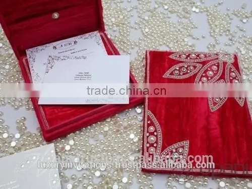 Velvet wedding invitation box ivory pearls hand embroidery
