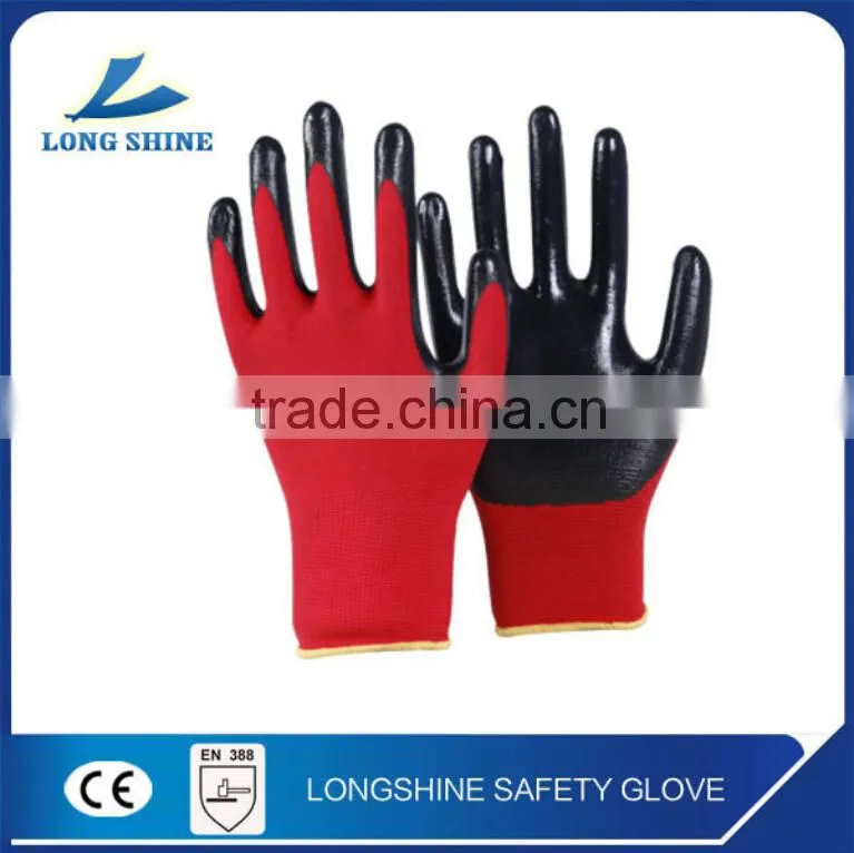High Quality Nylon / Spandex Liner Durable NBR Coated Red Work Safety Gloves China