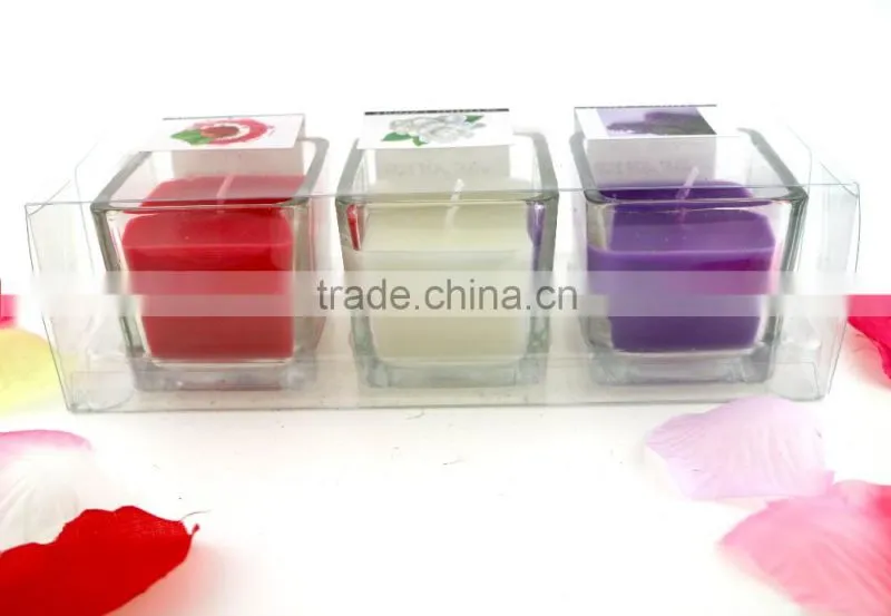 flat top 3/set scented candles soy candles in square jar holder with PVC package