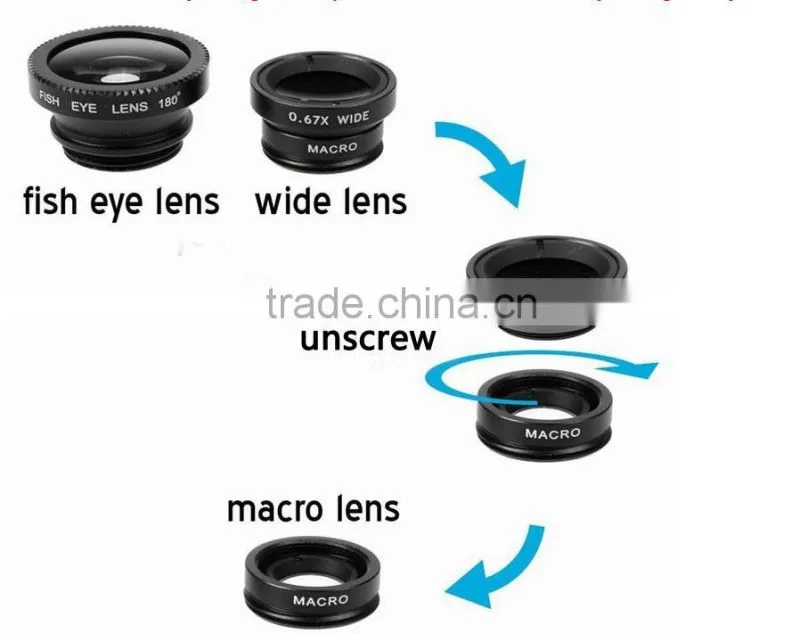 New wholesale 3 in 1 fisheye Fish Eye +Wide Angle +macro Camera cell Phone Lens