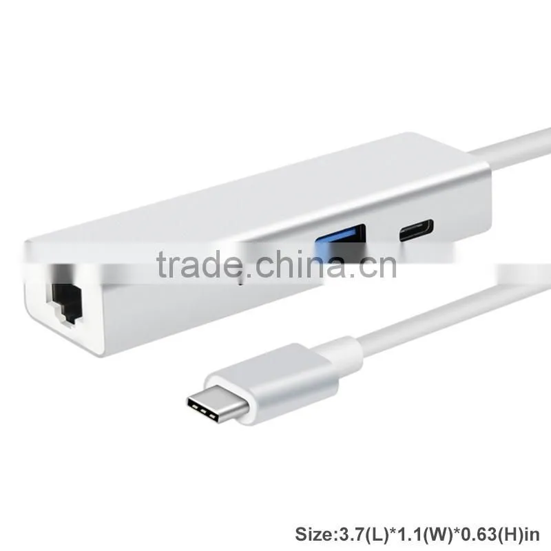 Aluminum Alloy 3 Port USB Hub 3.0 Hub with Ethernet Converter Adapter