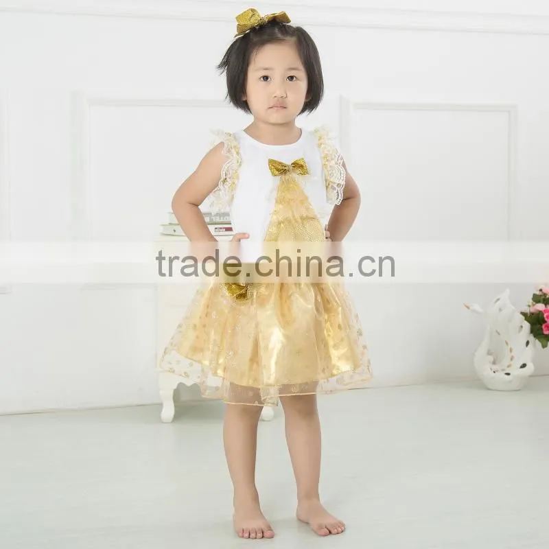 Best selling gold baby dress pictures,girl dresses with bow,children summer flow wholesale lace baby dress