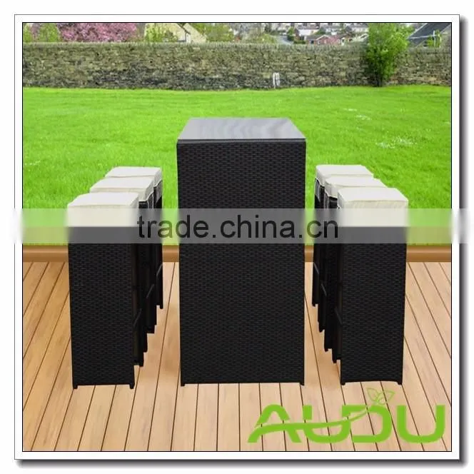 Audu High Back Bar Stool Set Outdoor Rattan Bar Stool Set in Brown
