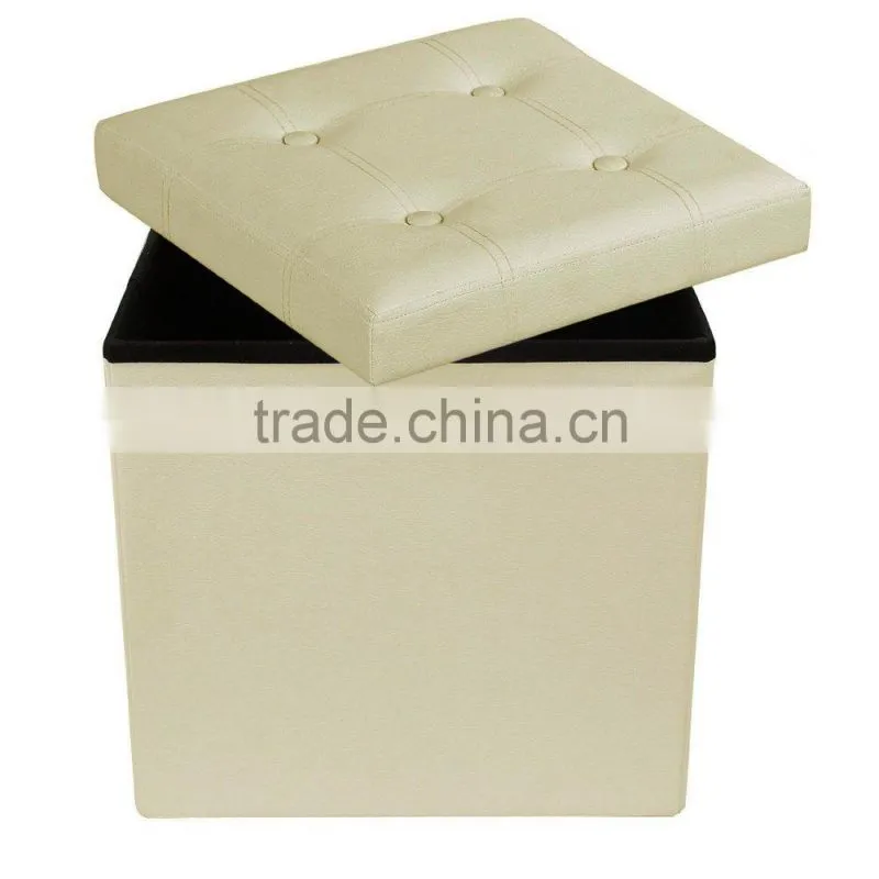 Cube Storage Ottoman Foldable Collapsible Faux Leather Footrest Stool Seat Coffee Table Beige