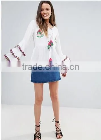 New Designs Fashion Hot Sale Boho Blouse Embroidered Layered Sleeve Women Tops Blouse