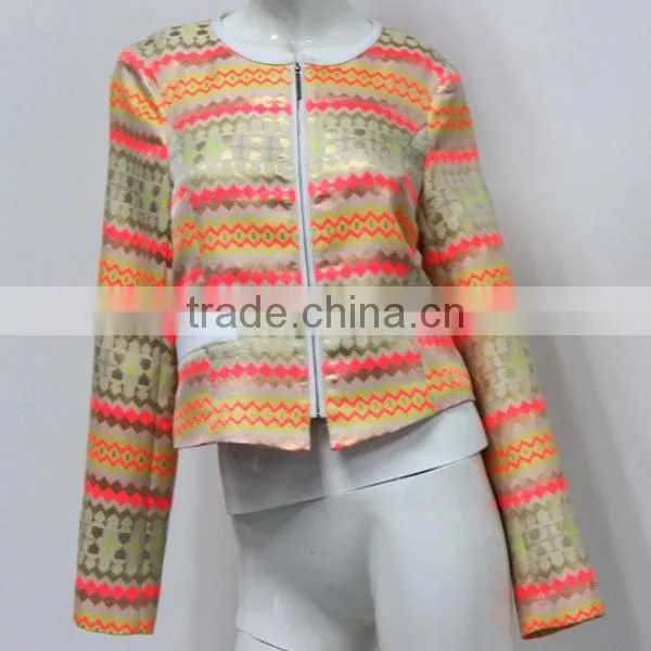 Bulk wholesale round neck jacquard women jacket with gold metal