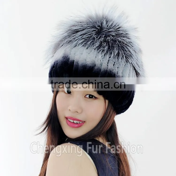CX-C-244E Rex Rabbit Fur Knitted Cap And Hat Black Frost