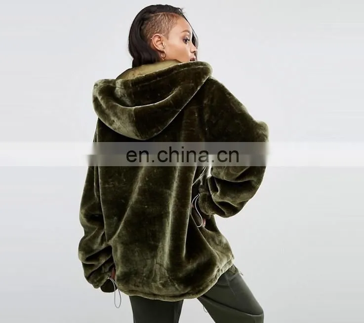 Garment in China Women Khaki Oversized Hoodie Coat In Faux Fur