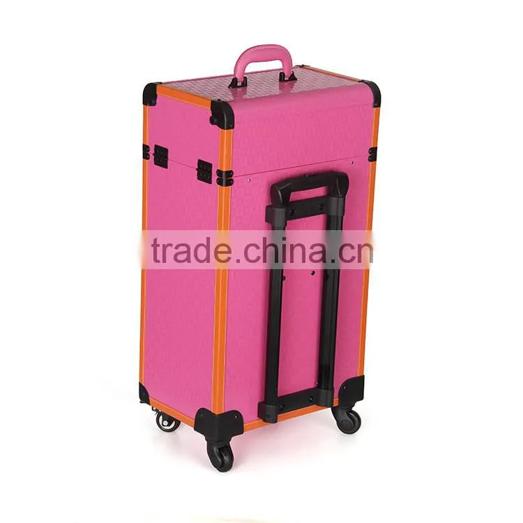 wholesale fushia trolley hairdressing artist case on 360 degree rolling wheels with drawers for makeup