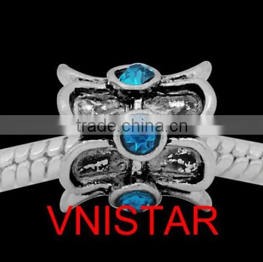 Vnistar antique Silver plated european beads with 6 pieces stone beads in different colors for bracelet, size in 11*13mm PBD1015