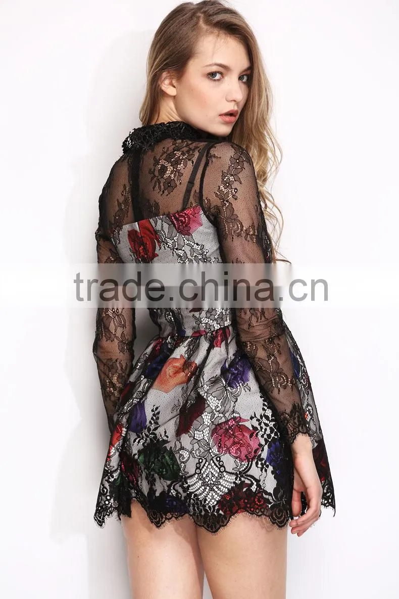 Fashion Summer Sexy Flower Printed Black Lace Girls Party Dress