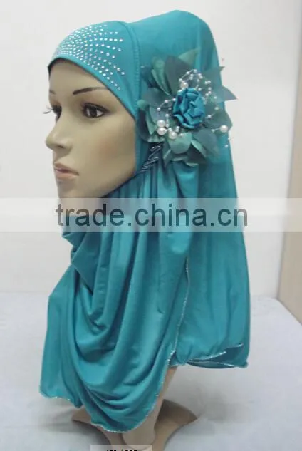 H289 latest one piece instant hijab with flower and rhinestones