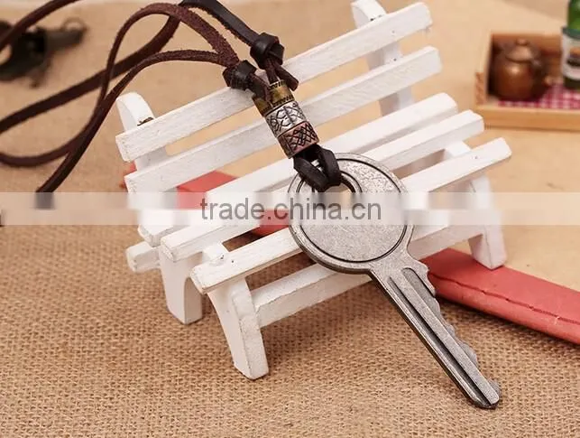 Rock Mens Retro big Alloy key Pendant Leather Necklace jewelry key Leather Necklace