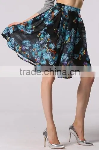 Stylish Lady Sexy Women's Fashion Knee-length Floral Printed Pleated Skirt