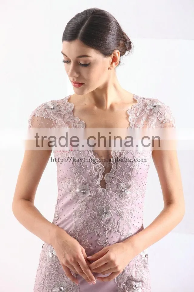 Gorgeous V-neck Cap Sleeve Pretty Appliqued Beaded Sequins Real Sample Prom Dress