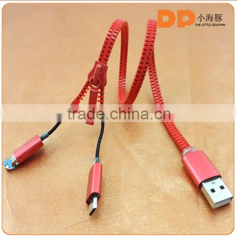 visible LED light zip charing cable 2 in 1 charger data cable for android and apple