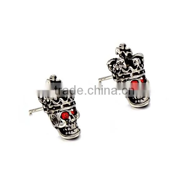 Luxury Red Stone Stainless Steel Silver Jewelry Punk Skull Earrings for mens