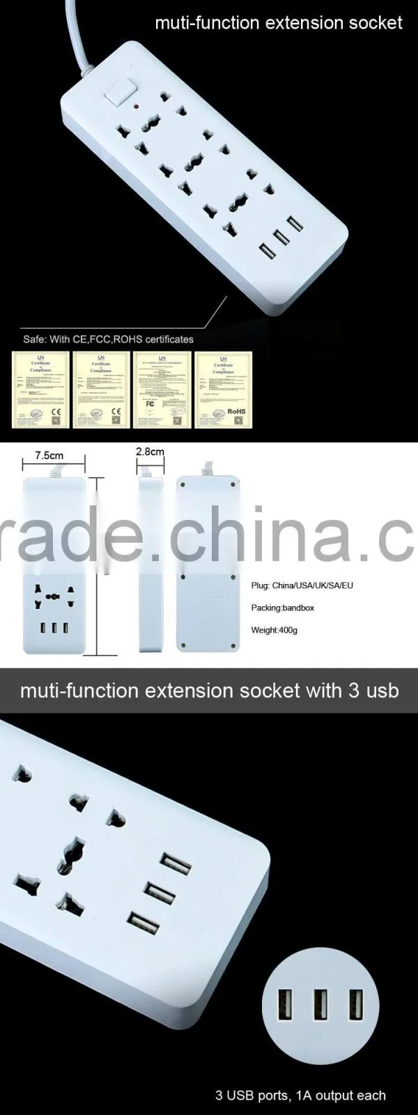 wearproof heat resistant universal schuko outlet multiple socket with 3 usb