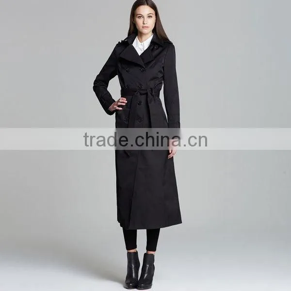2014 new fashion cotton twill black belted slim fit long maxi trench coat for women