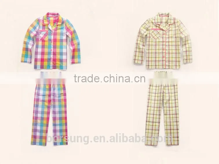 2015 top fashion 100% cotton home Lattice sleepwear spring summer long sleeve Turn-down Collar kids pajamas