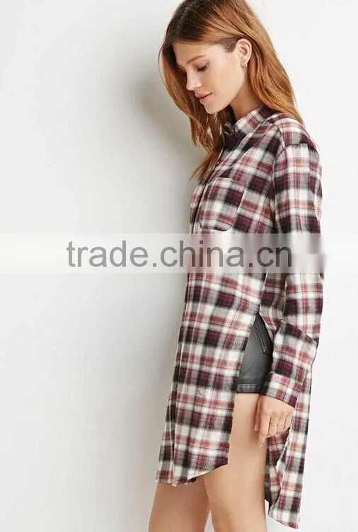 new style woman plaid shirt slim fit ladies extra long shirt flannel shirt