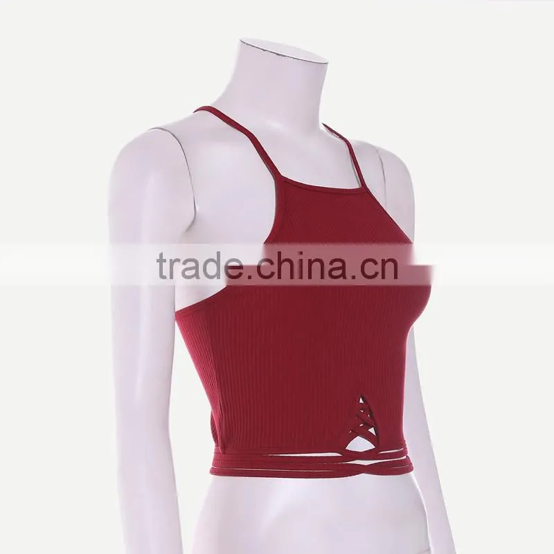 Polyester Lace Up Tank Top hollow stretchable Solid wine red Size:Free Size Sold By PC