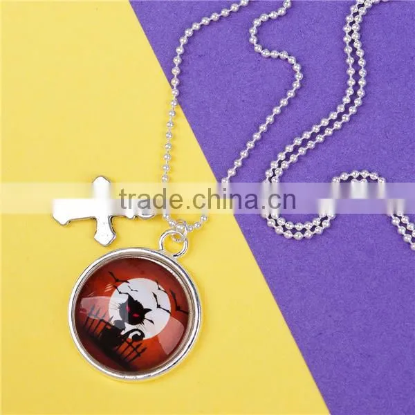 Fashion Jewelry Silver Plated Cross Cat Copper Halloween Necklace