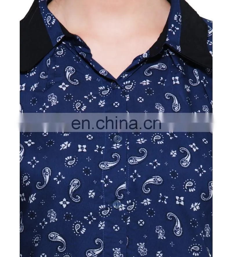 BLUE PRINTED SHIRT WITH CONTRAST COLLAR AND CUFF DESIGNER TOP LADIES NEW DESIGN FASHION TOP
