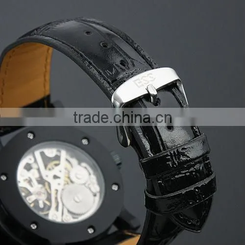 Brand Men's Black Luxury Stainless Steel Skeleton Semi-Automatic Leather Mechanical Watch WM221-ESS