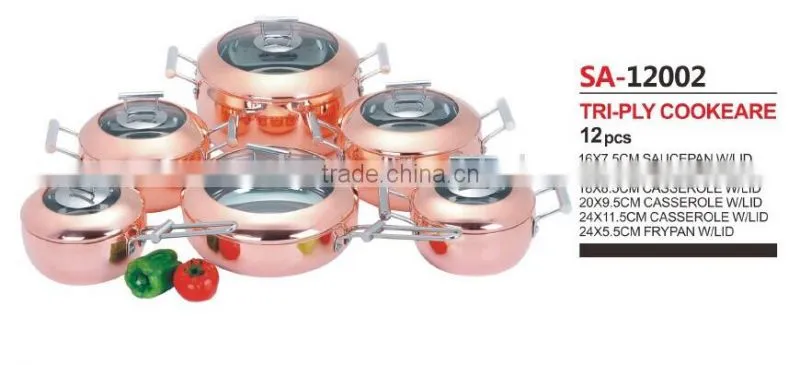 12pcs tri-ply 3 layers copper kitchenware set