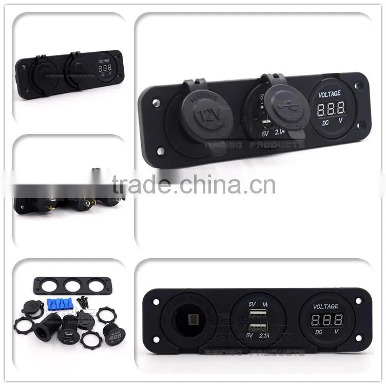 BJ-UPS-003 Universal 12V Three Hole Cigarette Lighter Charger Voltmeter Motorcycle USB Power Supply