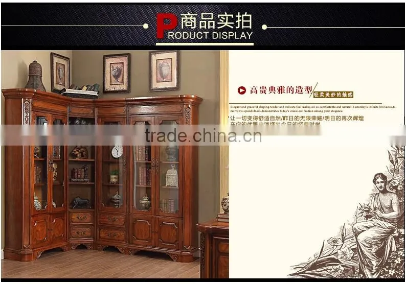American style wooden bookshelf combination sideboard with glass door and handmade carving AI-202