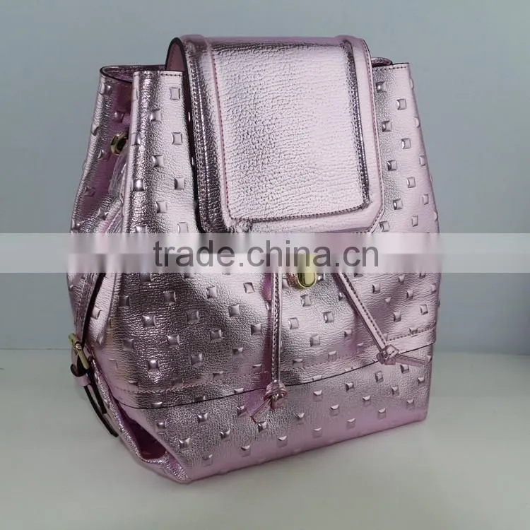 Stylish shinning pink leather cute girls small daily leisure backpack
