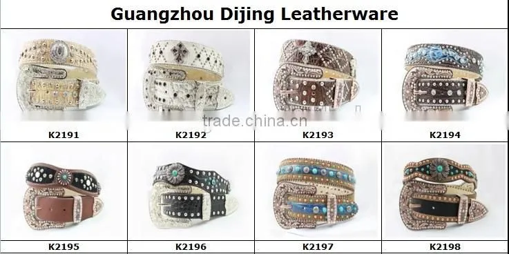 2016 New Design Western rhinestone leather belt with crystals circle chains and studs embedded