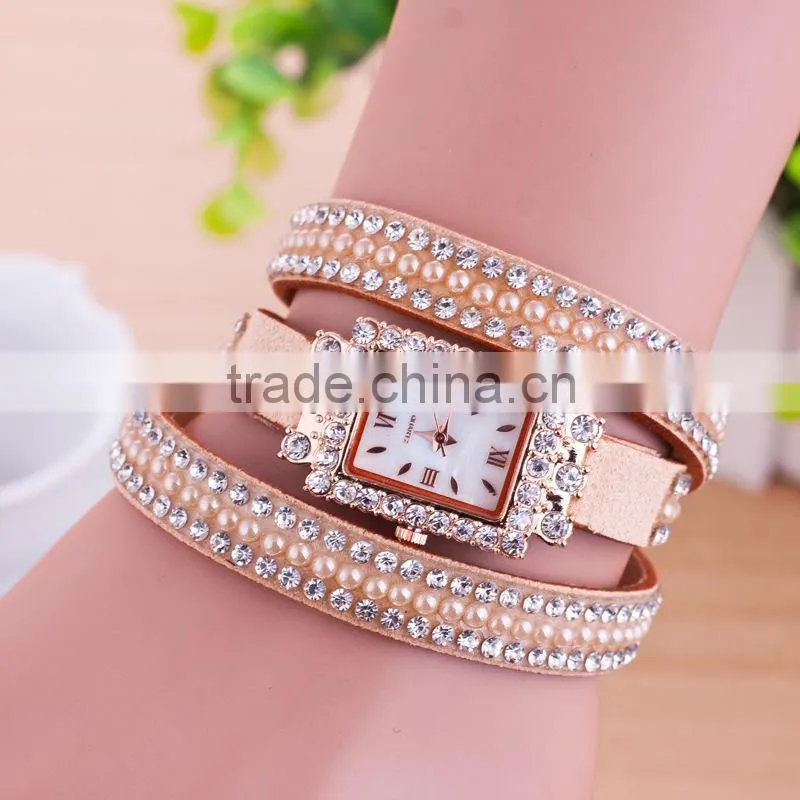 2016 new product Vintage Fashion watch, leather watch bracelet with pearl and stones